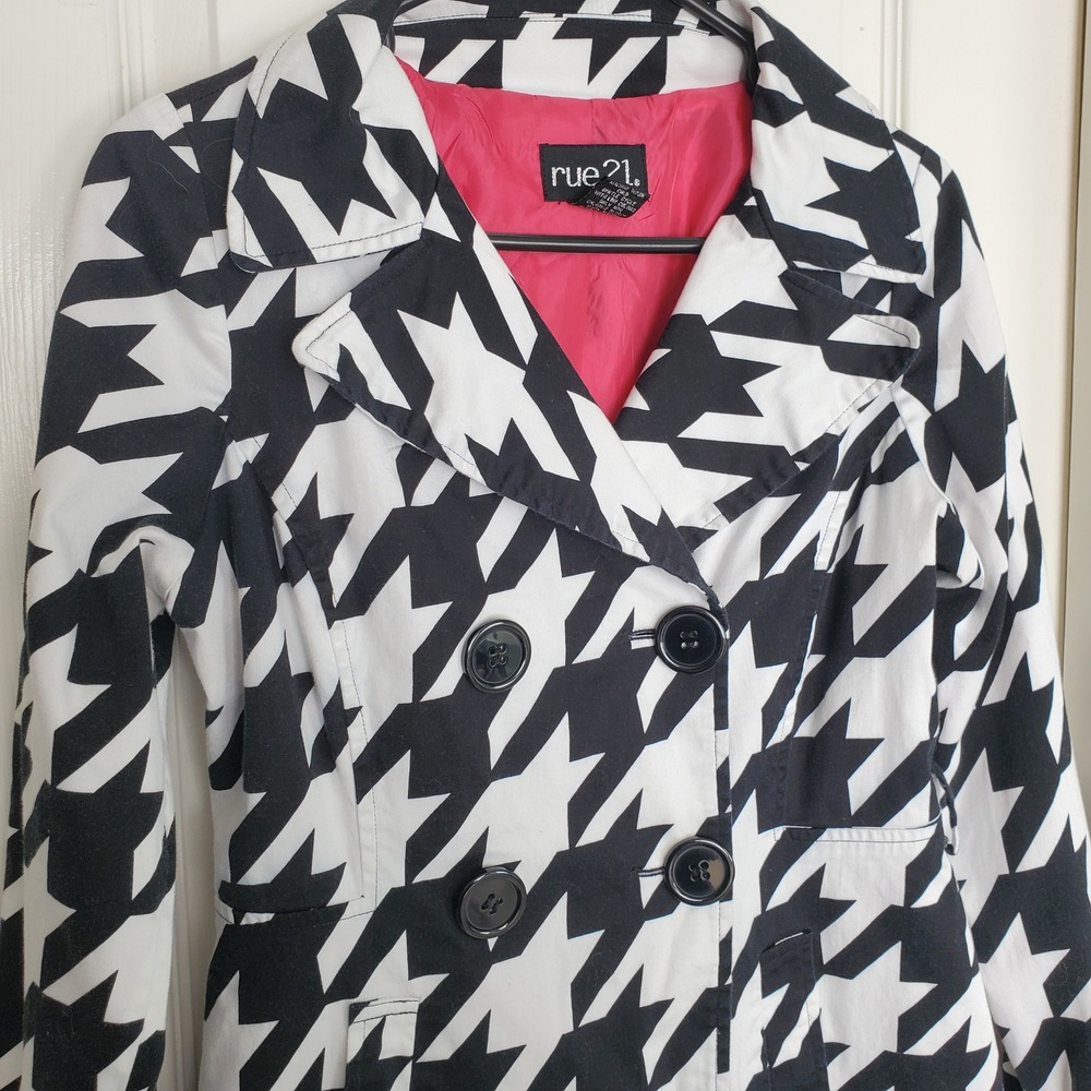 rue21 Trench Coat Women M Black White Houndstooth Double Breasted Y2K Funky‎